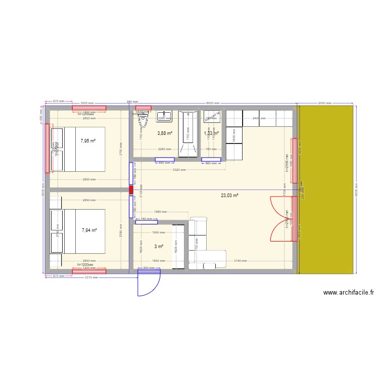 54 Сова. Plan de 7 pièces et 58 m2