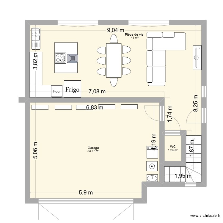RDC Maison. Plan de 3 pièces et 76 m2