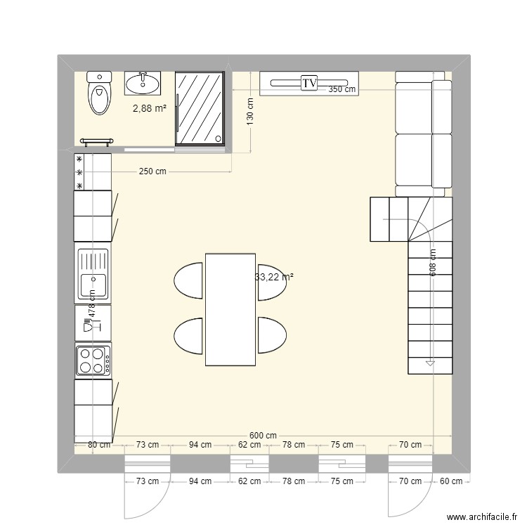 Maison  bas. Plan de 2 pièces et 36 m2