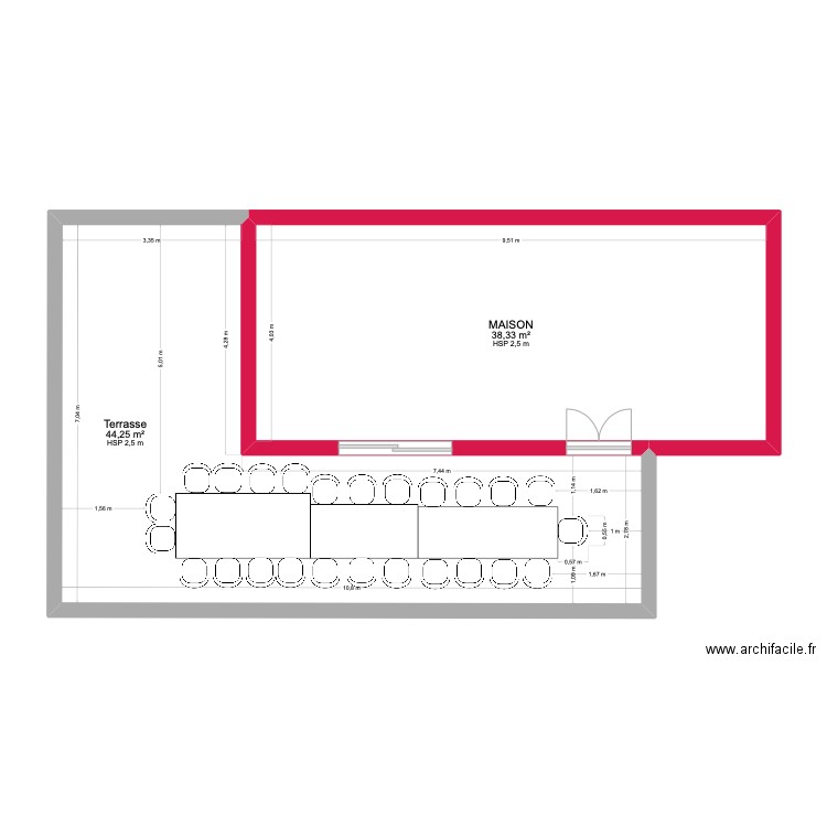 RDC3. Plan de 1 pièce et 52 m2