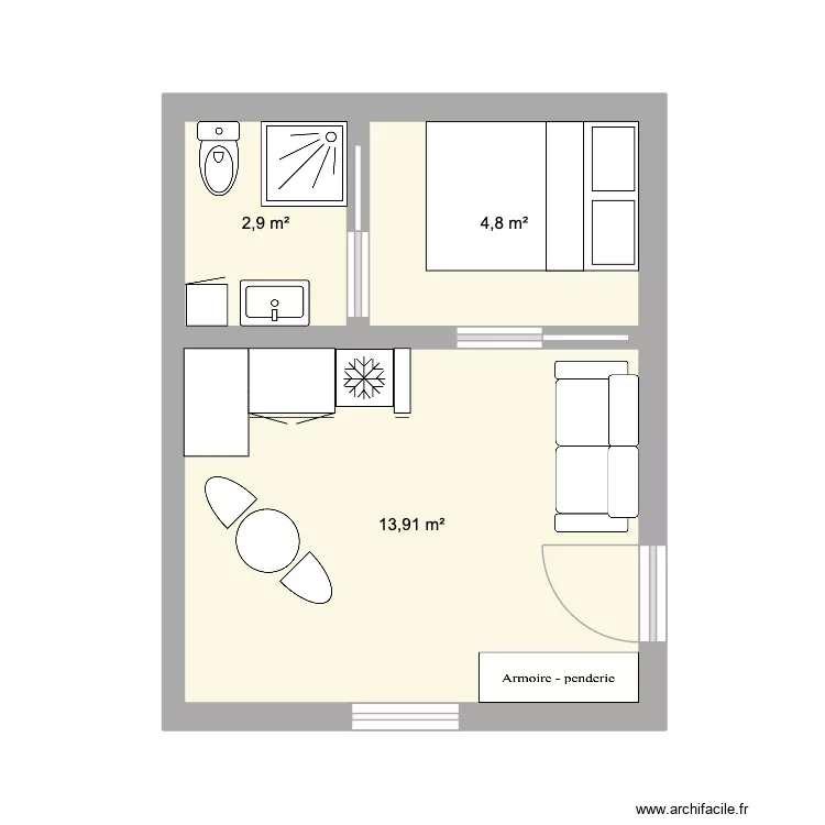 studio. Plan de 3  et 22 m²
