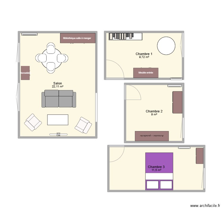 Maman 2. Plan de 4 pièces et 52 m2