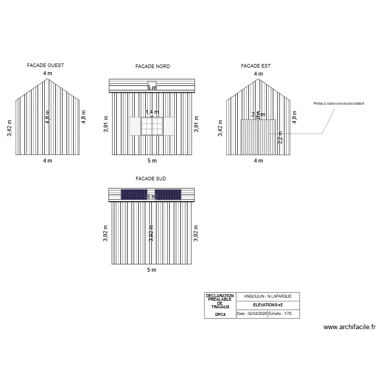 maison bois d&eacute;claration pr&eacute;alable Angoulin-ELEVATIONS-v2. Plan de 2  et 19 m²