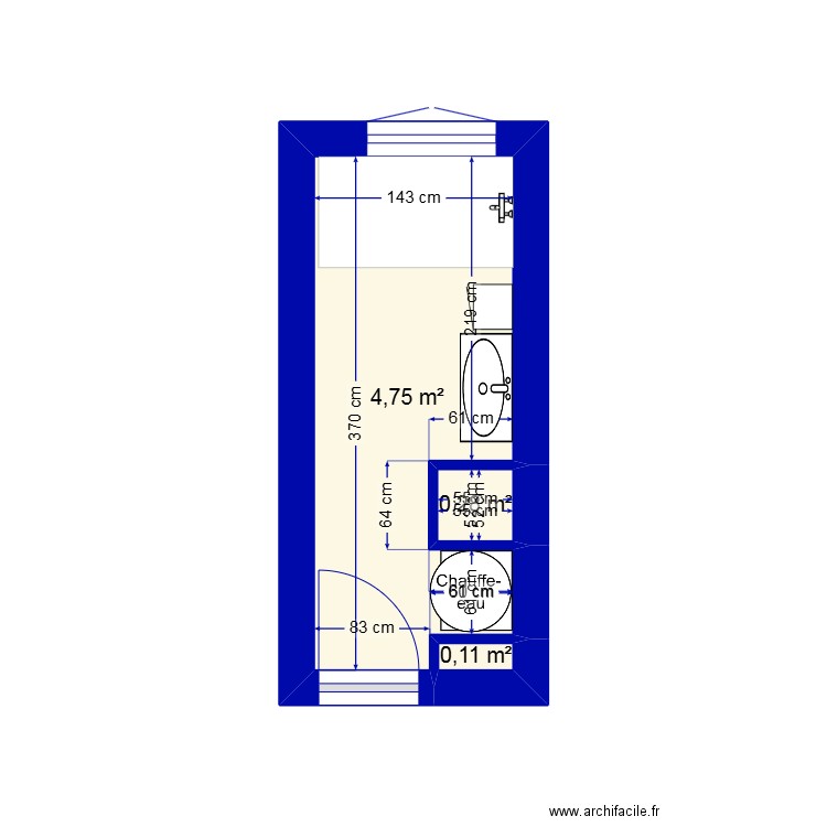 SdB. Plan de 3 pièces et 5 m2