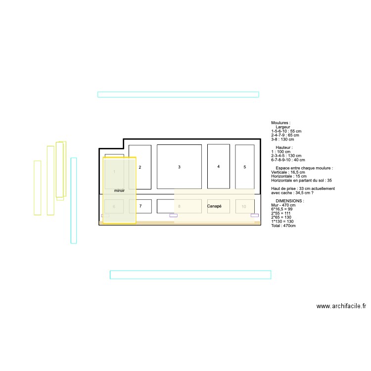 MOULURES N°11 - Modèle mur canapé - VF. Plan de 1 pièce et 12 m2