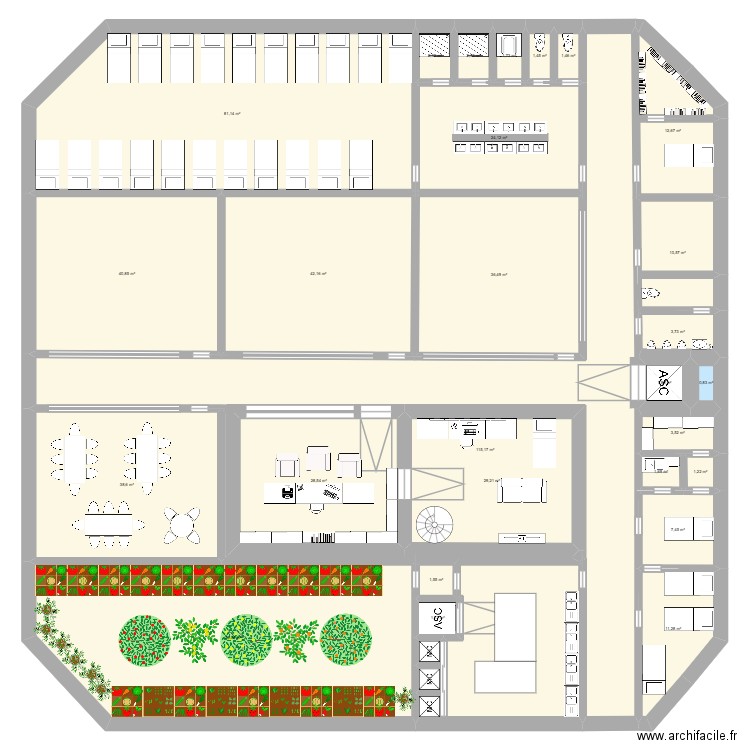 bunk plan A et B. Plan de 98 pièces et 3086 m2