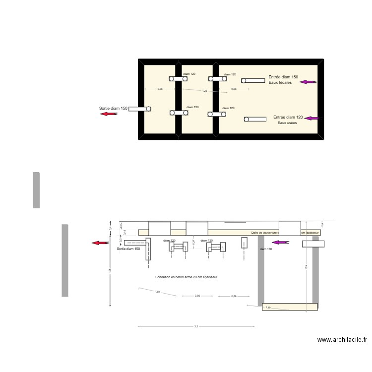 Fosse septique Lagunage. Plan de 3 pièces et 9 m2