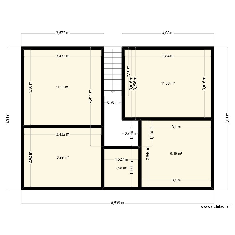 etage poudenx 1. Plan de 5 pièces et 44 m2