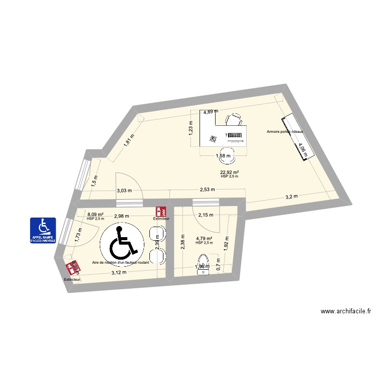 Plan accessibilité cabinet. Plan de 3 pièces et 36 m2