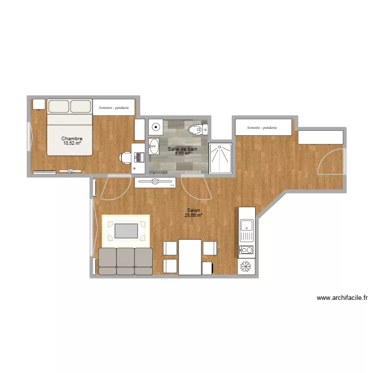 Appartement. Plan de 3 Pièces et 44 m² Appartement. Plan de 3 Pièces et 44 m²