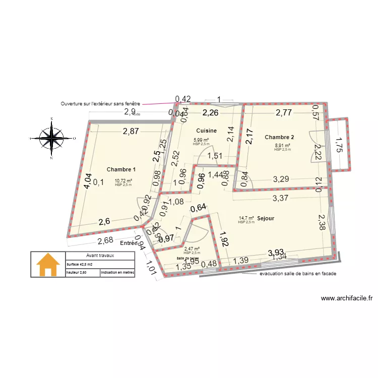 Amouyer avant travaux cotations. Plan de 5  et 43 m²