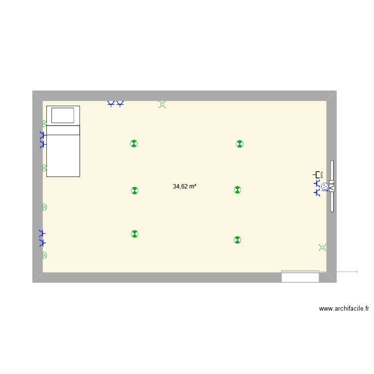 chambre bleu. Plan de 1 pièce et 35 m2