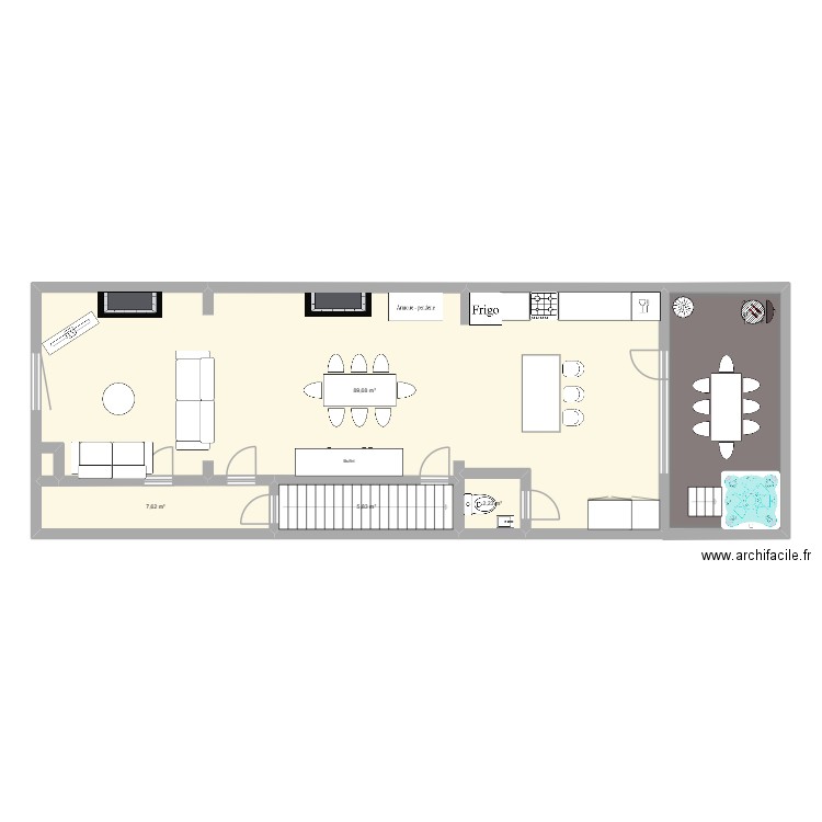 Rez de chaussée. Plan de 4 pièces et 105 m2