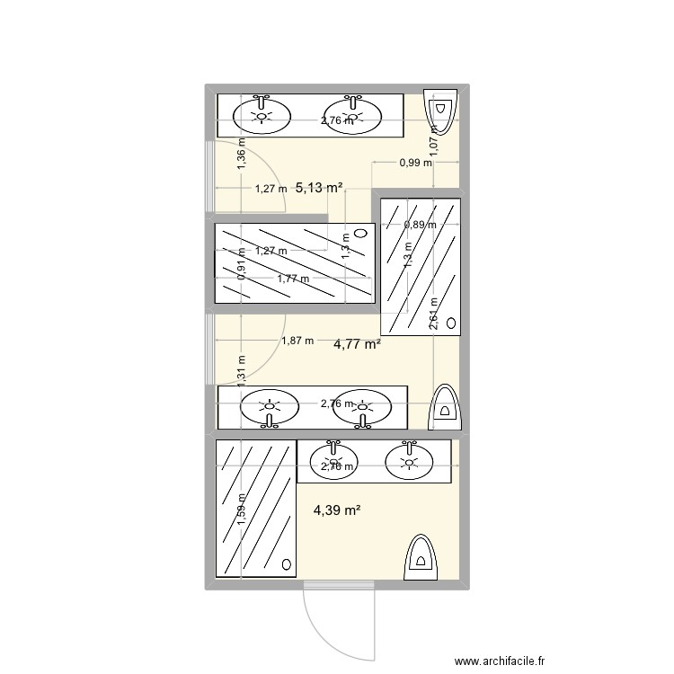 WC Pouilles. Plan de 3 pièces et 14 m2