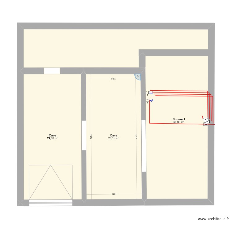 Sous sol vide. Plan de 3 pièces et 98 m2