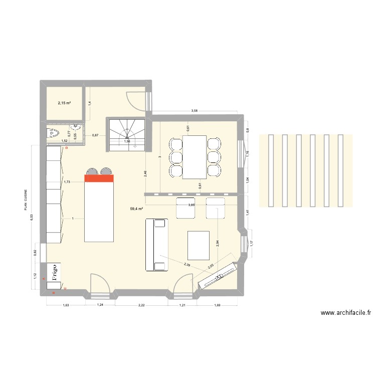POILUS 4. Plan de 2 pièces et 62 m2