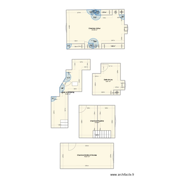 Maison Nous 1er étage pièces par pièces. Plan de 8 pièces et 80 m2