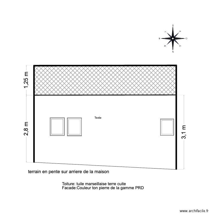 DP4 plan façade et toiture face nord avant projet. Plan de 1 pièce et 7 m2