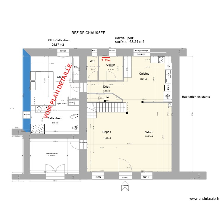 Rez de chaussée. Plan de 3 pièces et 69 m2