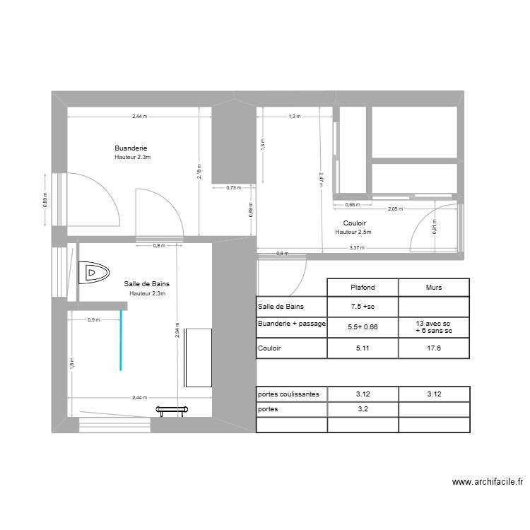 SdB Buanderie Couloir. Plan de 2 pièces et 3 m2