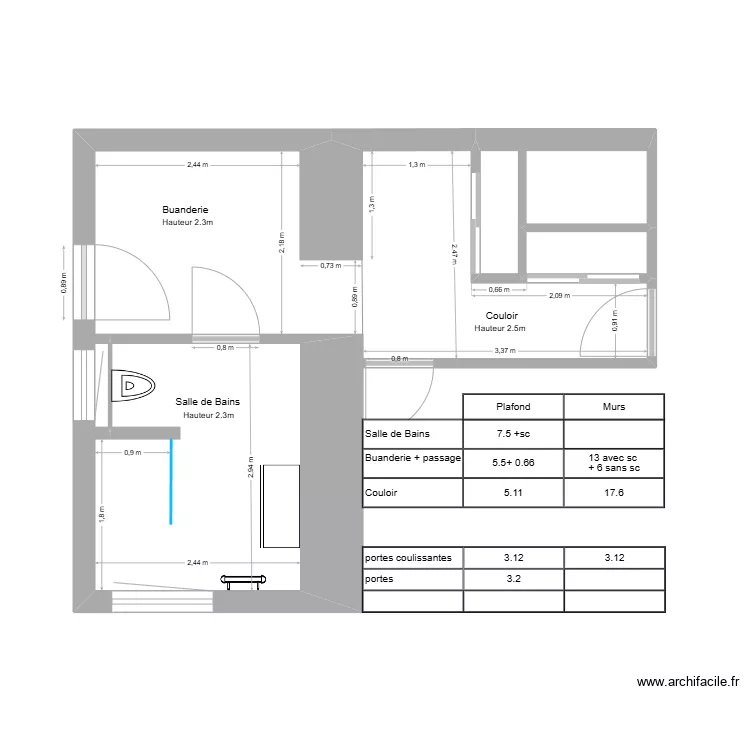 SdB Buanderie Couloir. Plan de SdB Buanderie Couloir. Plan de