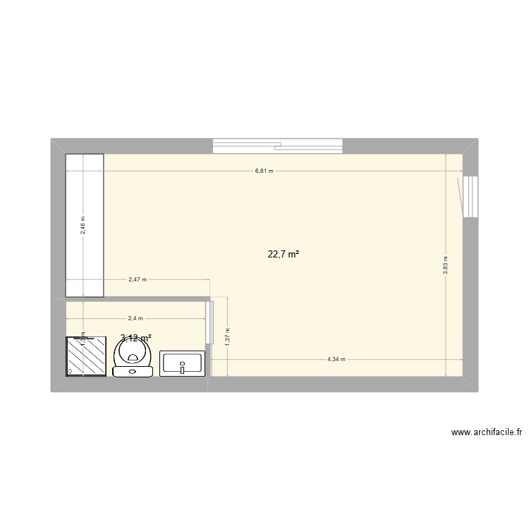 studio. Plan de 2 pièces et 26 m2