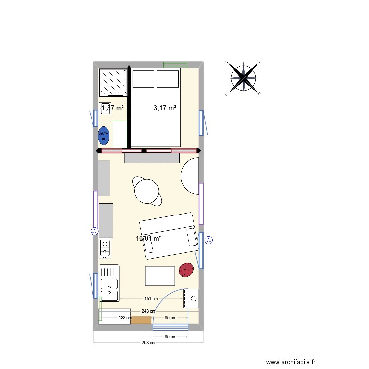 Roulotte. Plan de 3 pièces et 15 m2