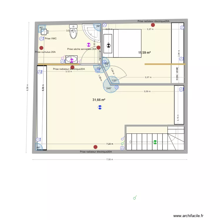 Etage - Electricit&eacute;. Plan de 2  et 43 m²