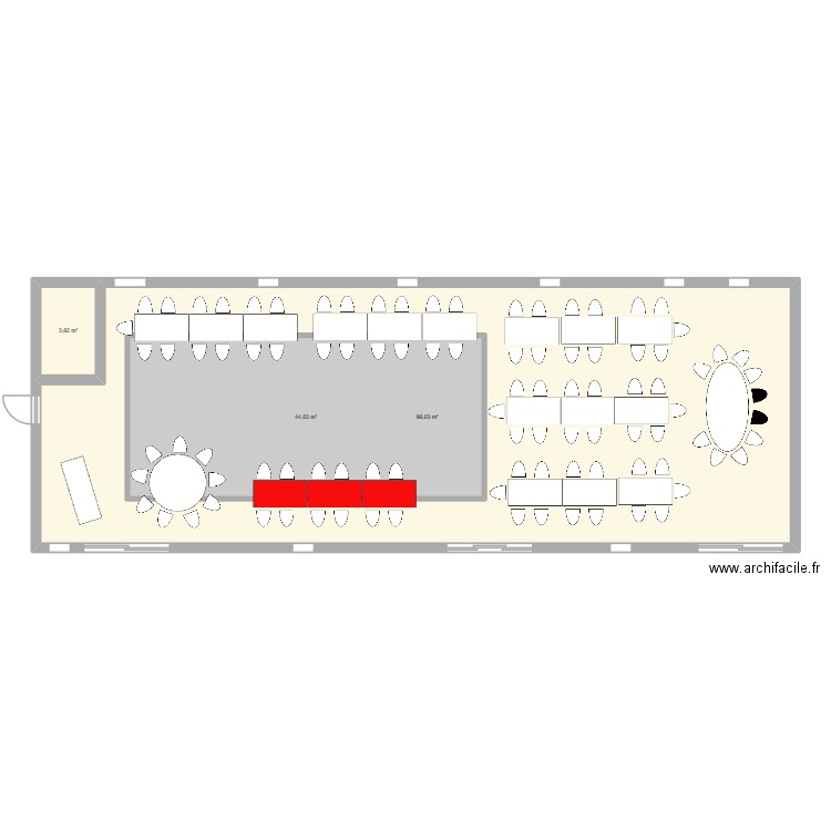 La grange longue table espacé + ronde. Plan de 3 pièces et 193 m2