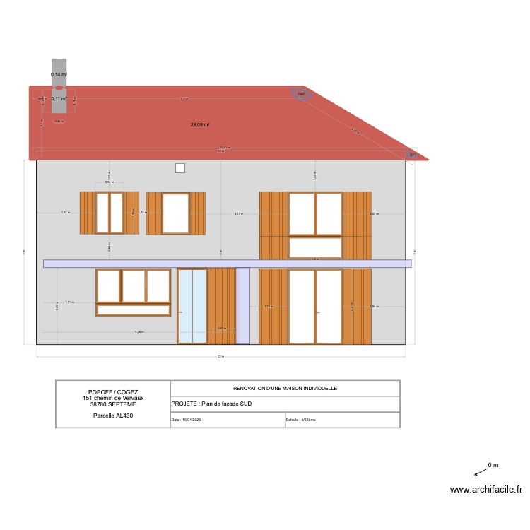 PLAN FACADE SUD projet&eacute;. Plan de 0 pièce et 0 m2