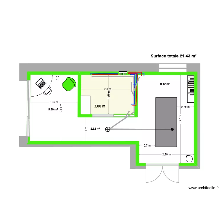 Salon massage plomberie. Plan de 1 pièce et 4 m²