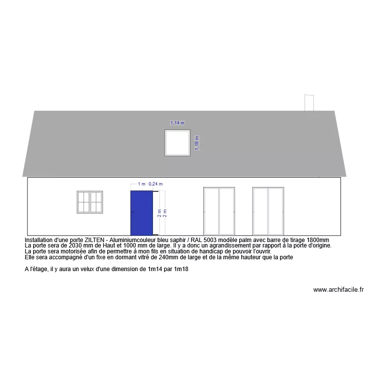 facade devant maison - apr&egrave;s travaux. Plan de 