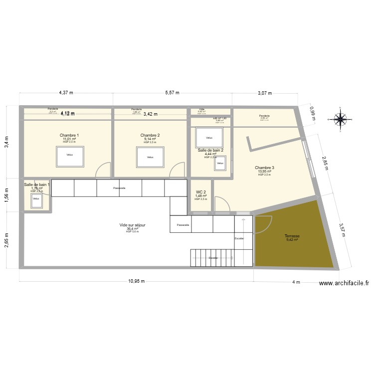 1 er etage 1 final. Plan de 13 pièces et 96 m2