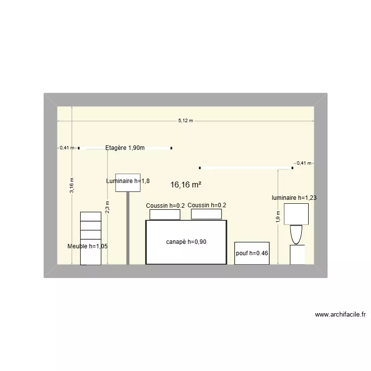 mur salon. Plan de 1  et 16 m²