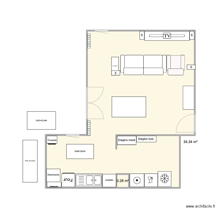 cuisine. Plan de 2 pièces et 35 m2