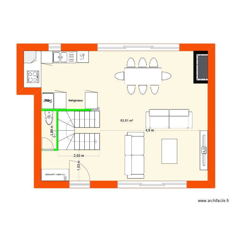 rdc maison. Plan de 1 pièce et 54 m2