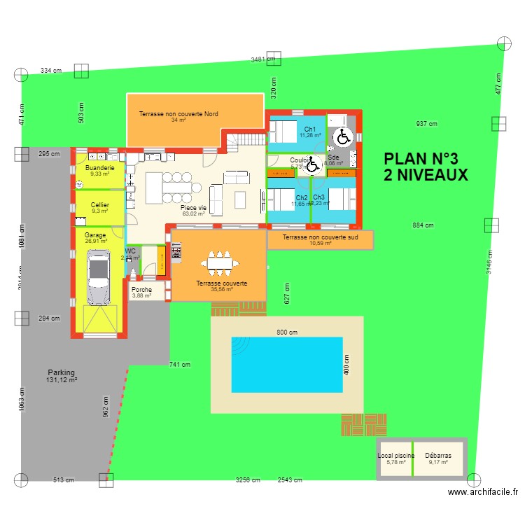 Version RDC : 3CH - ETAGE : 2CH. Plan de 17 pièces et 390 m2