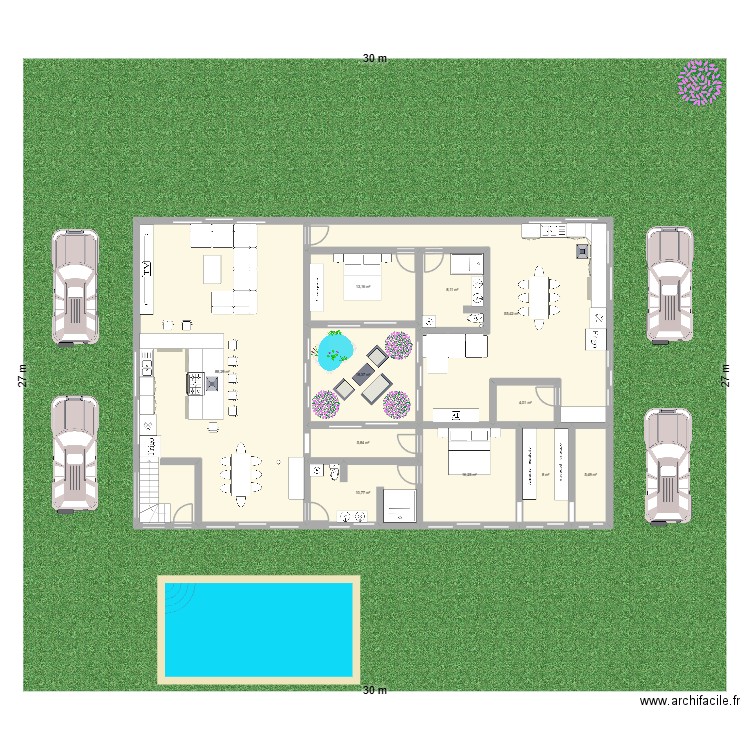 maison Feng shui. Plan de 27 pièces et 738 m2