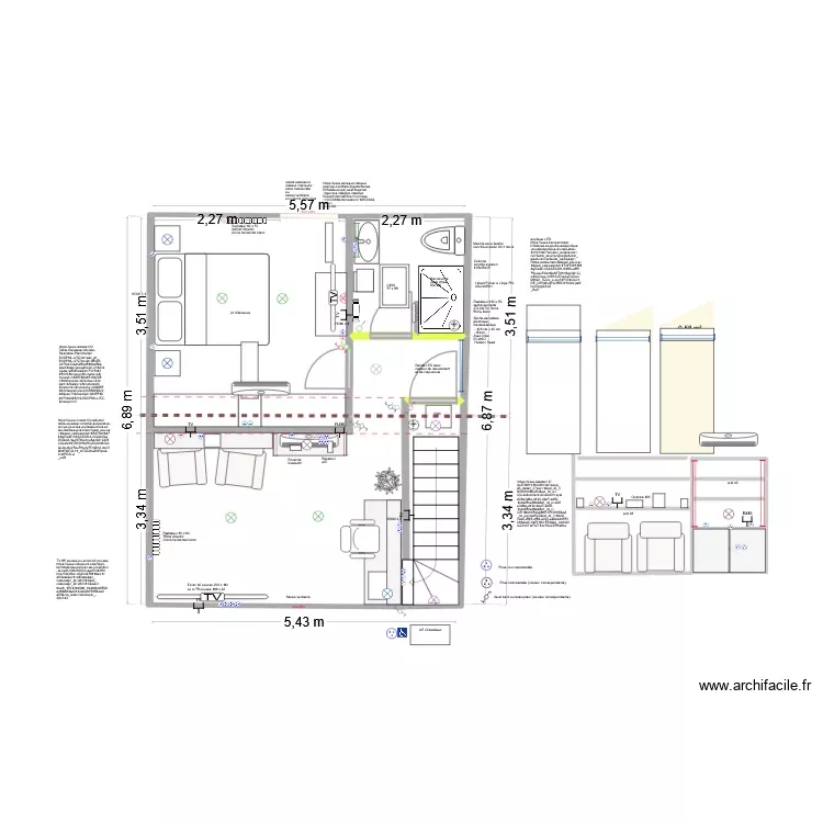 Projet remise salon cot&eacute; cour Velux + chambre (lit Villeneuve). Plan de 6 Pièces et 38 m²