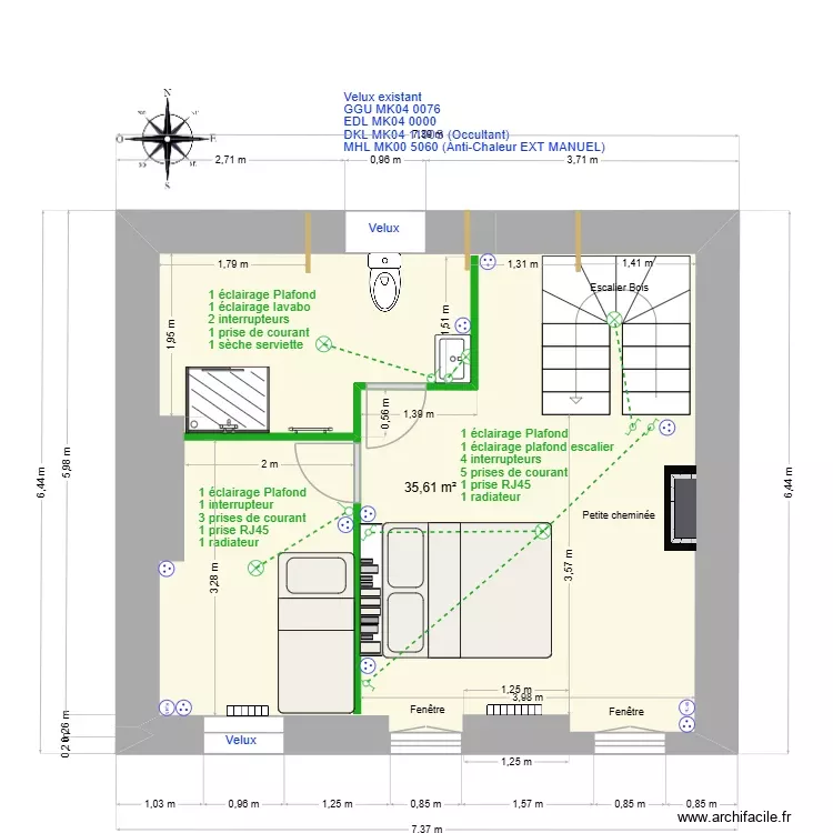 Etage_Droite_Electricité_et_Plomberie. Plan de 1 Pièce et 36 m² Etage_Droite_Electricité_et_Plomberie. Plan de 1 Pièce et 36 m²