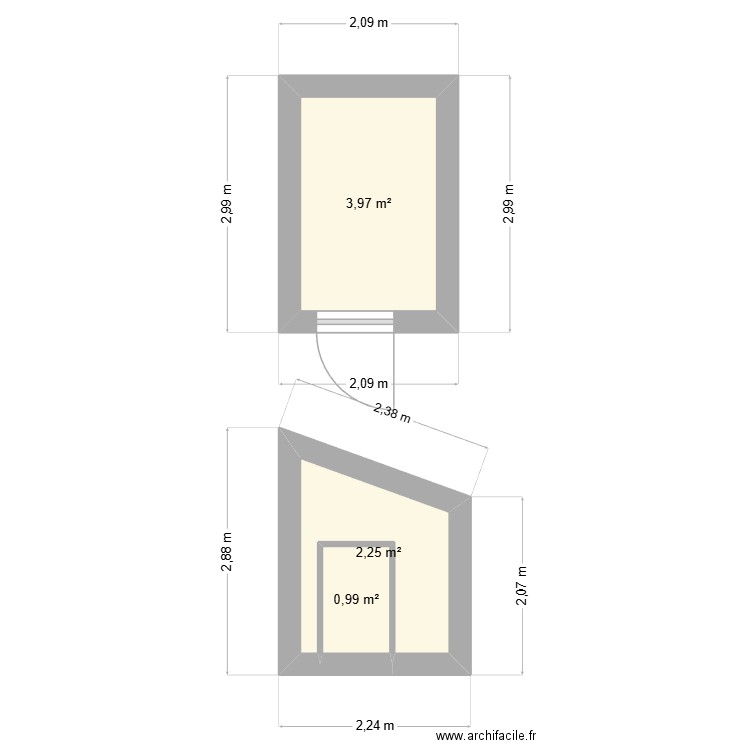 débarras. Plan de 3 pièces et 7 m2