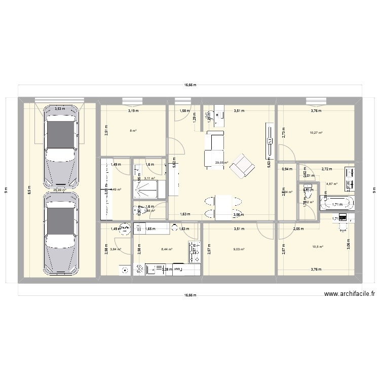 Base maison proposition 1. Plan de 14 pièces et 127 m2