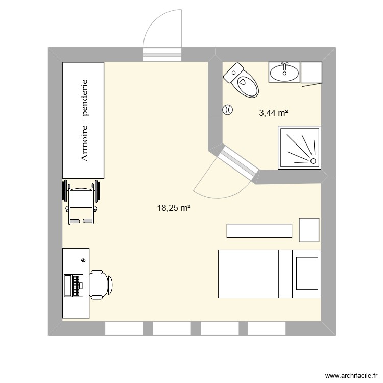 chambre simple - Plan 2 pièces 22 m2 dessiné par Tinaaaaa9