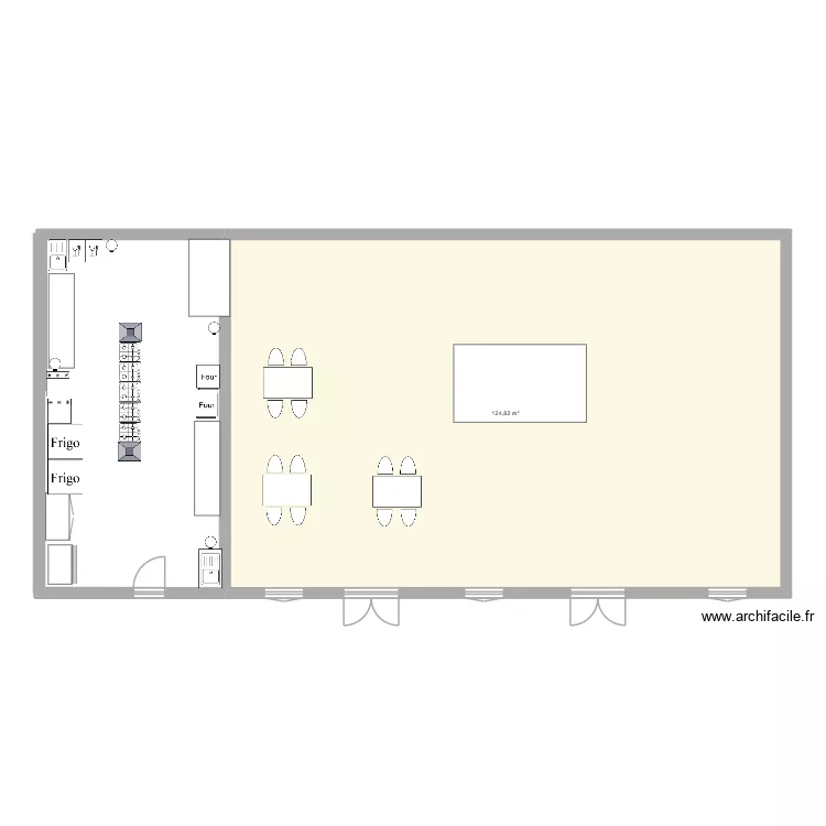 restaurant. Plan de 1  et 125 m²
