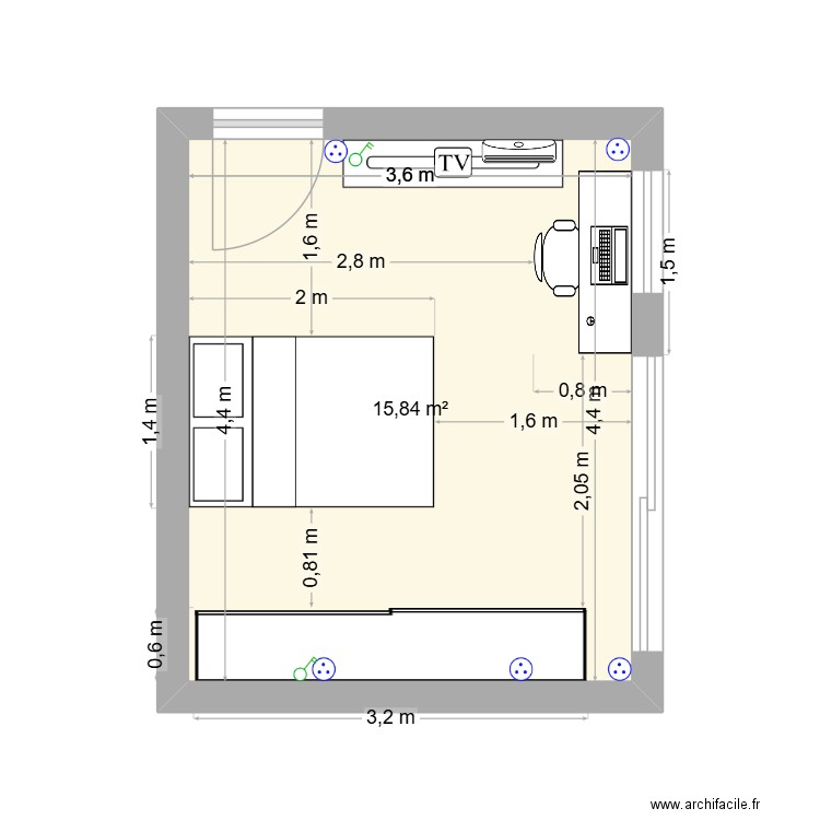 Plan archi lit nord. Plan de 1 pièce et 16 m2