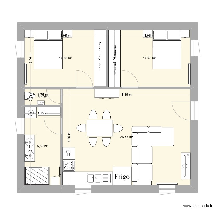60m² BGU. Plan de 5 pièces et 58 m2