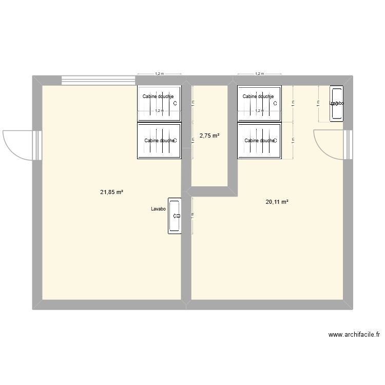 Douche escalade. Plan de 3 pièces et 45 m2