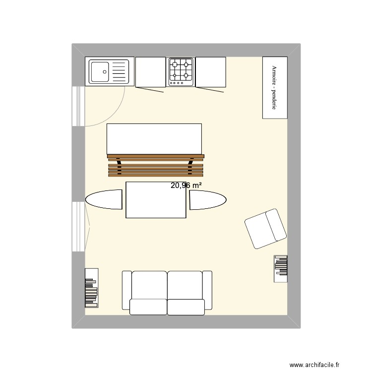 ilot - banc et table 2. Plan de 1 pièce et 21 m2
