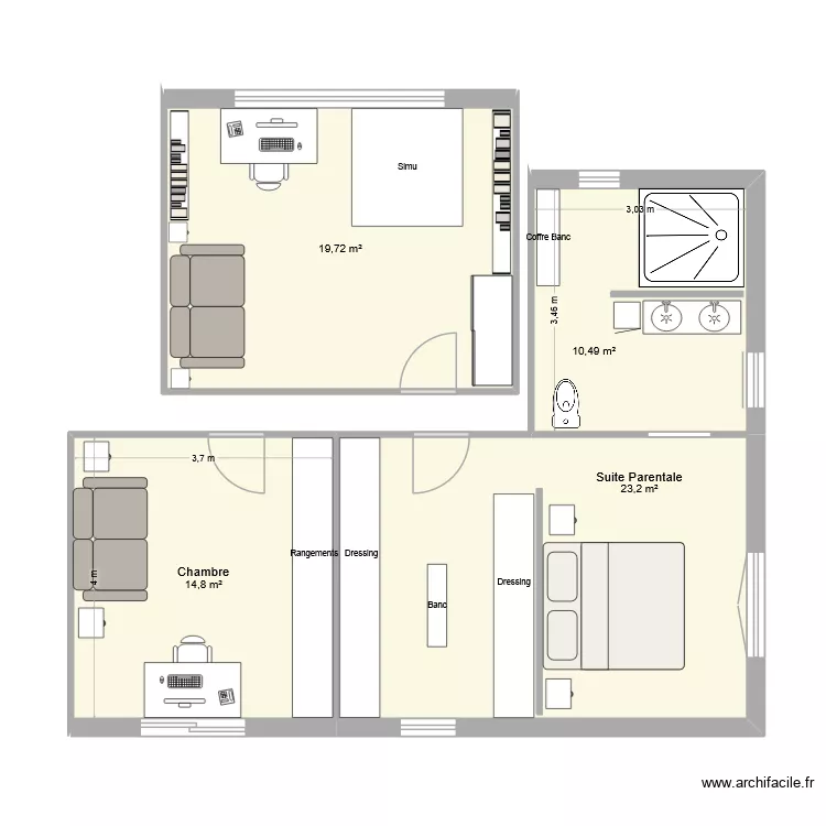 Suite parentale + 1 Chambre + Simu V2. Plan de 4 Pièces et 68 m² Suite parentale + 1 Chambre + Simu V2. Plan de 4 Pièces et 68 m²