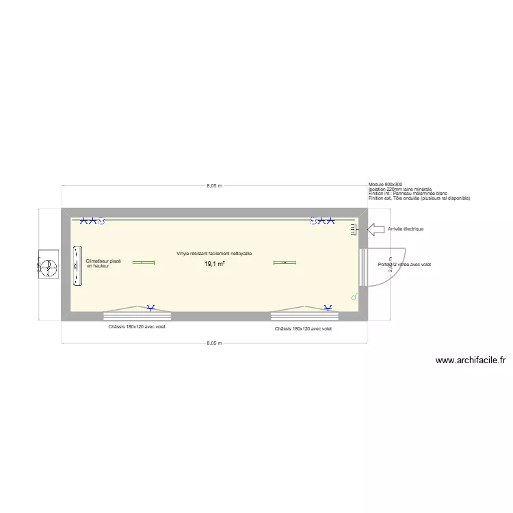 Bureau 220. Plan de 1  et 19 m²